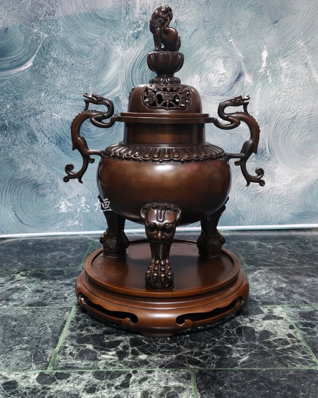 雙龍耳蓮花獅蓋銅香爐